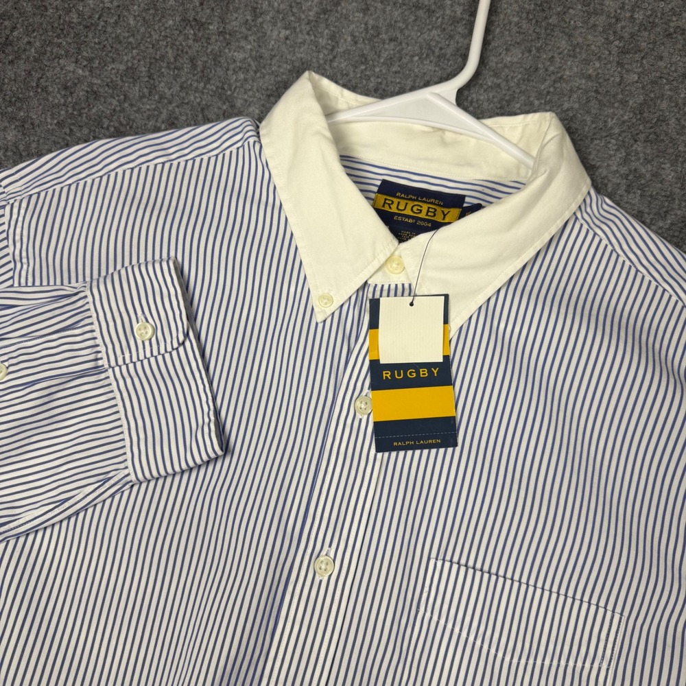 Ralph Lauren Rugby Blue White Striped Button Down Shirt Men XL Cotton Contrast